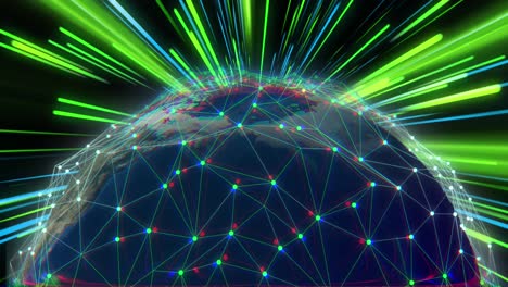 Animation-of-network-of-connections-with-globe-over-green-and-blue-neon-light-trails