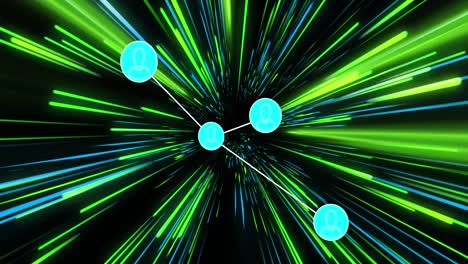 Animation-of-network-of-connections-with-icons-over-green-and-blue-neon-light-trails