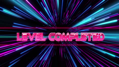 Animation-of-level-completed-over-pink-and-blue-neon-light-trails