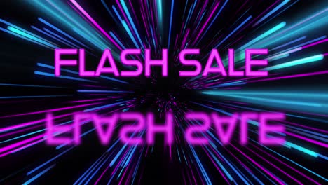 Animation-of-flash-sale-text-over-pink-and-blue-neon-light-trails