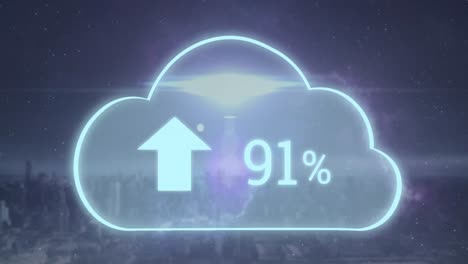 Animation-of-cloud-icon-with-increasing-percentage-against-aerial-view-of-cityscape