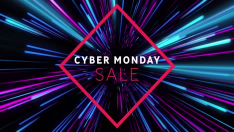 Animation-of-cyber-monday-sale-over-pink-and-blue-neon-light-trails