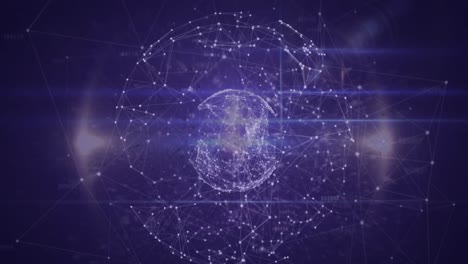 Animation-of-spinning-globe-of-network-of-connections-and-light-trails-against-purple-background