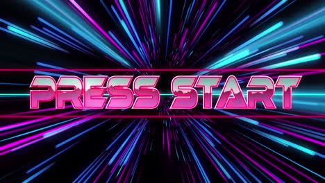Animation-of-press-start-over-pink-and-blue-neon-light-trails