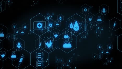 Animation-Eines-Netzwerks-Blauer-Medizinischer-Symbole-über-Lichtflecken-Und-Verbindungen-Auf-Schwarzem-Hintergrund