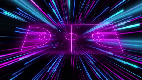 Animation-of-pink-neon-sports-field-over-pink-and-blue-neon-light-trails