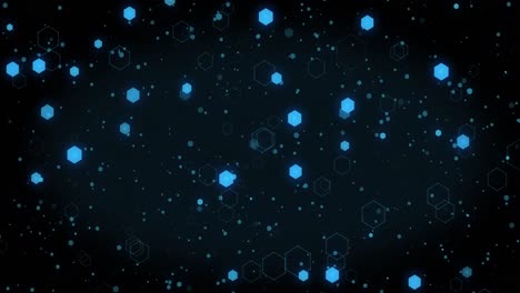 Animation-of-blue-hexagons-and-light-spots-moving-on-black-background