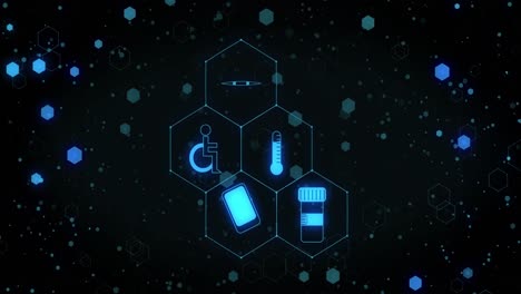 Animation-Eines-Netzwerks-Blauer-Medizinischer-Symbole-über-Lichtflecken-Und-Verbindungen-Auf-Schwarzem-Hintergrund