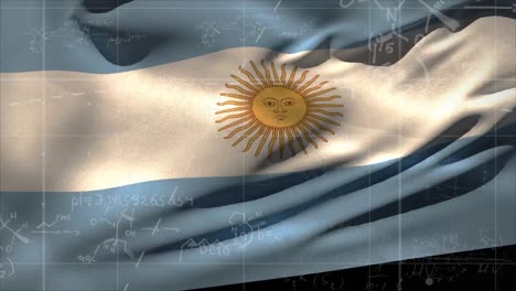 Animation-of-mathematical-equations-floating-against-waving-argentina-flag