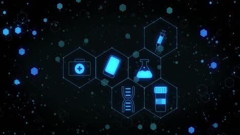 Animation-of-network-of-blue-medical-icons-over-light-spots-and-connections-on-black-background