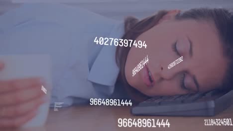 Animation-of-changing-numbers-over-caucasian-woman-holding-a-cup-sleeping-on-a-keyboard