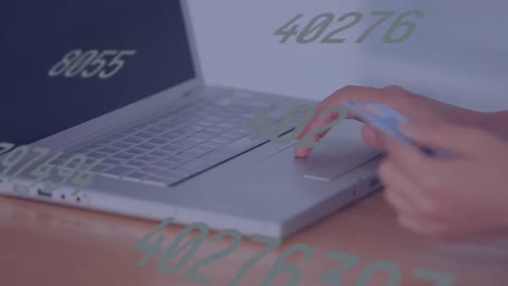 Animation-of-multiple-changing-numbers-over-mid-section-of-woman-with-credit-card-using-laptop