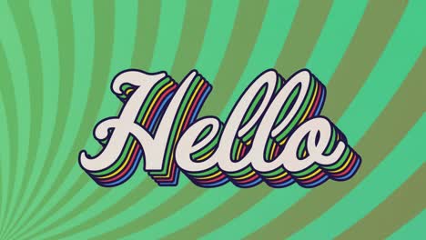 Animation-of-hello-text-banner-against-radial-rays-in-seamless-pattern-on-green-background