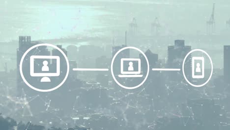 Animation-of-network-of-connections-and-digital-icons-against-aerial-view-of-cityscape