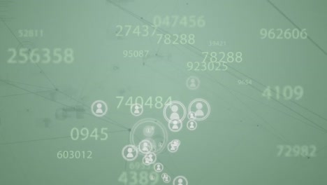 Animation-of-network-of-connections,-changing-numbers,-profile-icons-against-green-background