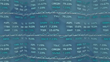 Animation-of-round-shapes-in-seamless-pattern-over-stock-market-data-processing-on-blue-background
