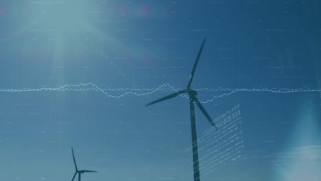 Animation-of-interface-with-data-processing-and-light-spot-over-spinning-windmill-against-blue-sky