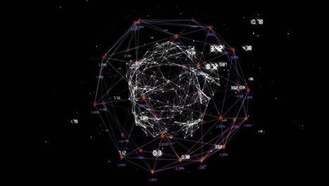 Animation-of-globe-of-network-of-connections-spinning-against-black-background