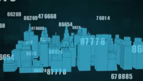 Animation-Mehrerer-Sich-ändernder-Zahlen-über-Einem-3D-Stadtmodell,-Das-Sich-Vor-Schwarzem-Hintergrund-Dreht