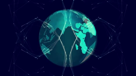 Animation-of-network-of-connections-over-spinning-globe-against-blue-background