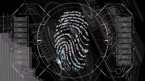 Animation-of-financial-data-processing-and-biometric-fingerprint-over-black-background