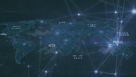 Animation-of-glowing-network-of-connections-over-world-map-against-black-background