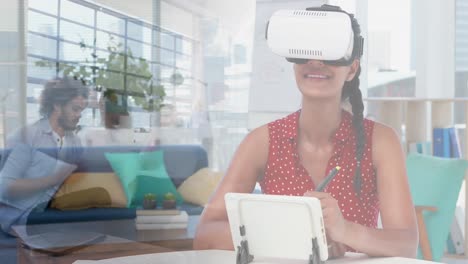 Animation-of-caucasian-businesswoman-in-vr-headset-over-people-walking-and-cityscape