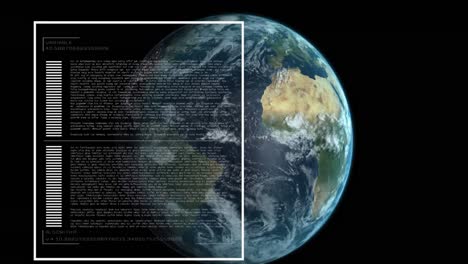 Animation-of-interface-with-data-processing-over-spinning-globe-against-black-background