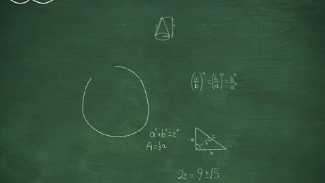 Animation-of-mathematical-equations-and-formulas-floating-against-green-chalkboard-background