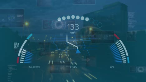Animation-of-speedometer-and-data-processing-against-aerial-view-of-night-city-traffic