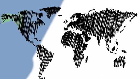 Animation-of-sketch-of-world-map-against-blue-background