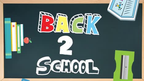 Animation-of-back-to-school-text-banner-and-school-concept-icons-falling-against-chalkboard