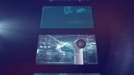 Animation-Mehrerer-Bildschirme-Mit-Datenverarbeitung-Vor-Lichtfleck-Auf-Blauem-Hintergrund