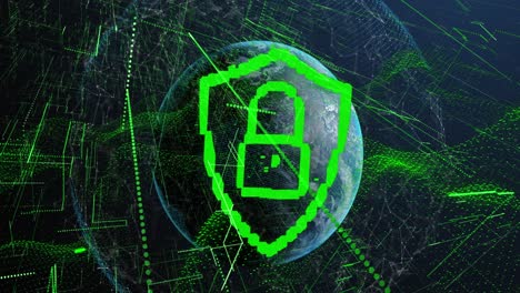 Animation-of-security-padlock-icon-and-green-light-trails-against-network-of-connections-over-globe