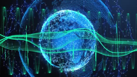 Animation-Einer-Grünen-Digitalen-Welle-Und-Eines-Netzwerks-Von-Verbindungen-über-Den-Globus-Vor-Blauem-Hintergrund