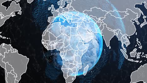 Animación-Del-Mapa-Mundial-Sobre-El-Globo-Giratorio-Y-La-Red-De-Conexiones-Sobre-Fondo-Azul