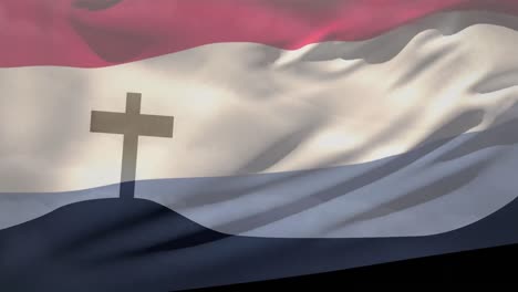 Animation-of-waving-netherlands-flag-over-silhouette-of-cross-on-mountain-against-clouds-in-the-sky
