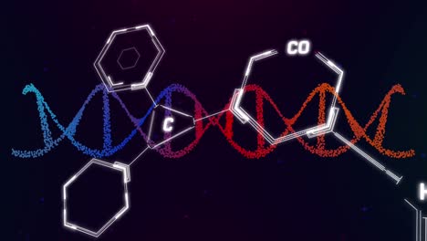 Animation-of-dna,-chemical-structures-and-data-processing-against-purple-gradient-background
