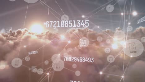 Animation-of-changing-numbers-and-network-of-connections-and-digital-icons-against-clouds-in-the-sky