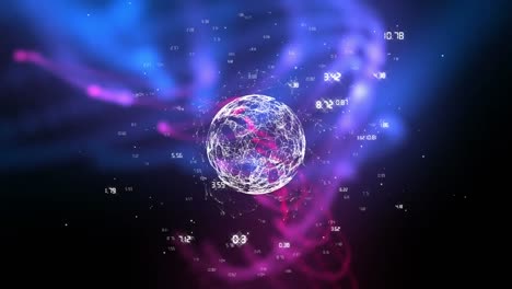 Animation-Eines-Globus-Mit-Netzwerkverbindungen-Und-Violetten-Digitalen-Wellen-Vor-Schwarzem-Hintergrund