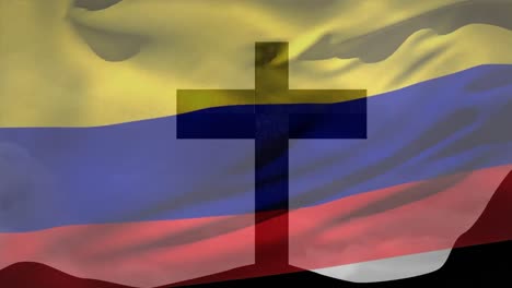 Animation-of-waving-colombia-flag-over-silhouette-of-a-cross-on-mountain-against-clouds-in-the-sky
