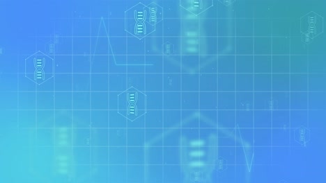 Animation-Medizinischer-DNA-Symbole-Und-Datenverarbeitung-über-Gitter-Auf-Blauem-Hintergrund
