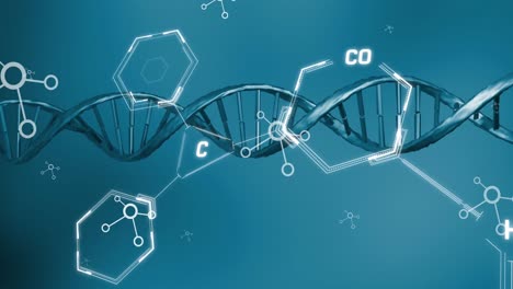 Animation-of-dna,-molecular-and-chemical-structures-against-blue-background