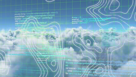Animation-Der-Datenverarbeitung-Und-Topographie-über-Ein-Gitternetz-Vor-Wolken-Am-Himmel
