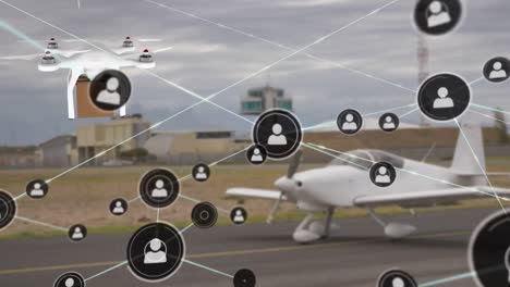 Animation-of-network-of-profile-icons-against-drone-carrying-a-delivery-box-at-an-airport