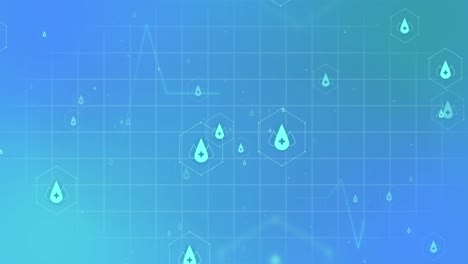 Animation-of-medical-icons-and-data-processing-over-grid-on-blue-background