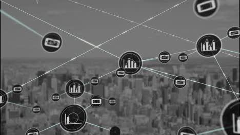 Animation-Eines-Netzwerks-Digitaler-Symbole-Vor-Der-Luftaufnahme-Des-Stadtbildes