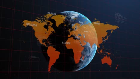 Animación-Del-Procesamiento-De-Datos-Sobre-El-Mapa-Mundial-Contra-El-Globo-Giratorio-En-El-Espacio