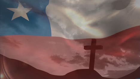 Animation-of-waving-chile-flag-against-silhouette-of-a-cross-on-mountain-against-clouds-in-the-sky