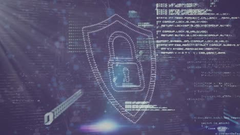 Animation-of-security-padlock-icon,-light-spots-and-network-of-connections-against-purple-background
